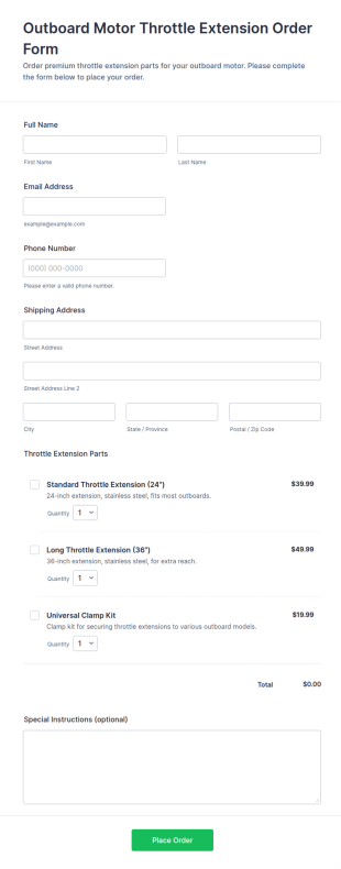 Outboard Motor Throttle Extension Order Form Template