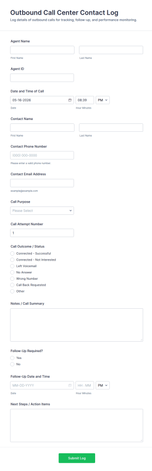 Outbound Call Center Contact Log Form Template