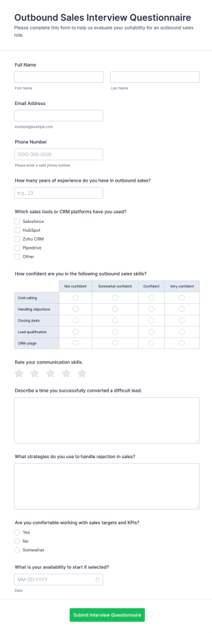 Outbound Sales Interview Questionnaire Form Template