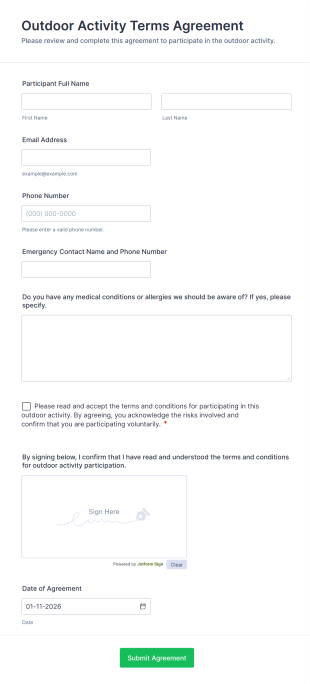 Outdoor Activity Terms Agreement Form Template