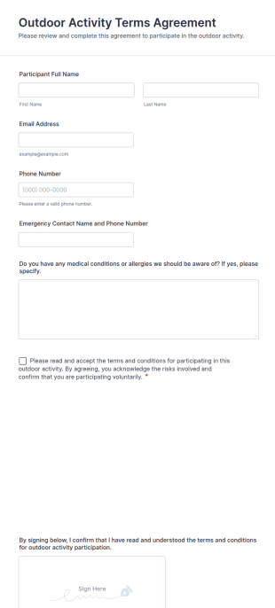 Outdoor Activity Terms Agreement Form Template