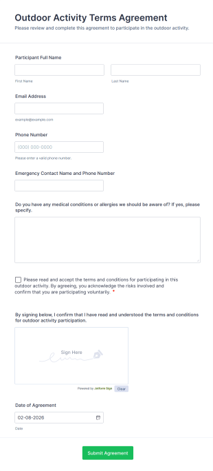 Outdoor Activity Terms Agreement Form Template