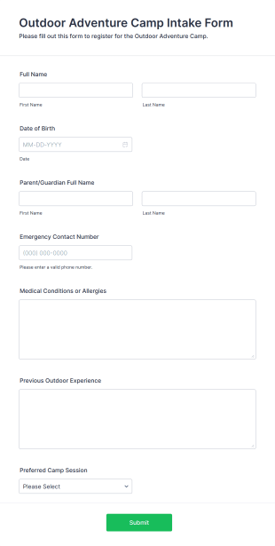 Outdoor Adventure Camp Intake Form Template