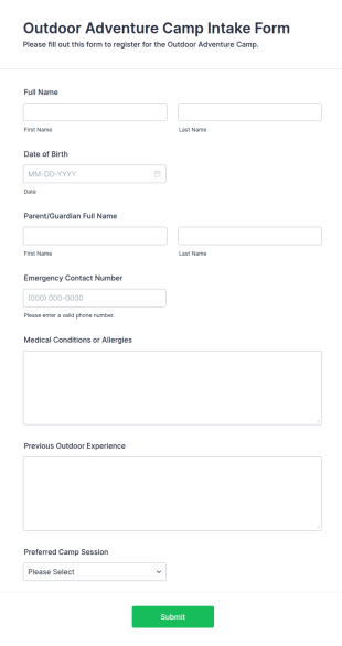 Outdoor Adventure Camp Intake Form Template