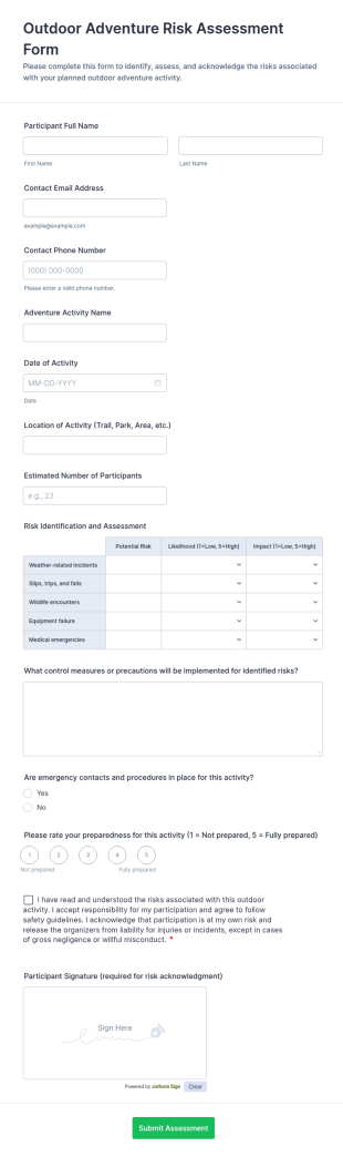 Outdoor Adventure Risk Assessment Form Template