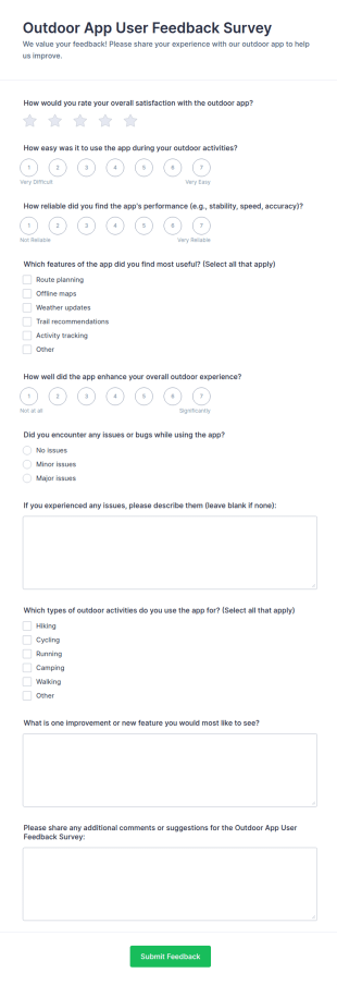 Outdoor App User Feedback Survey Form Template