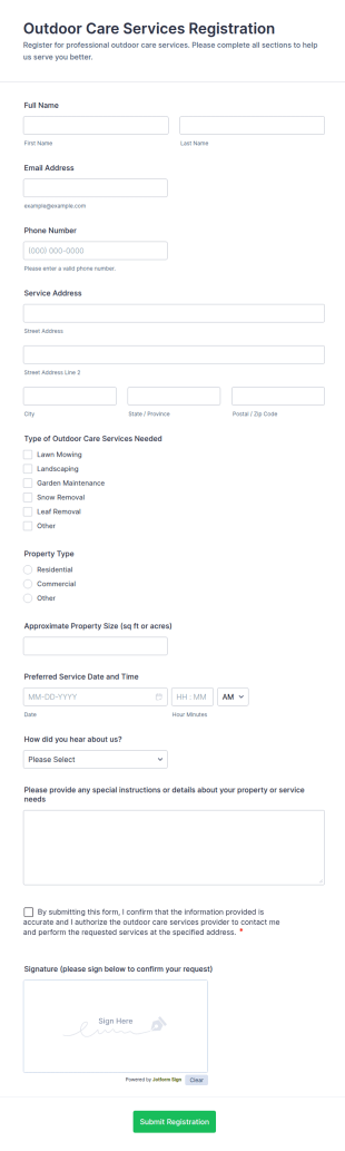 Outdoor Care Services Registration Form Template