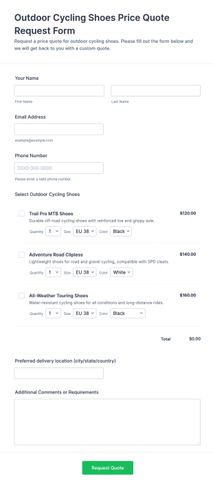 Outdoor Cycling Shoes Price Quote Request Form Template