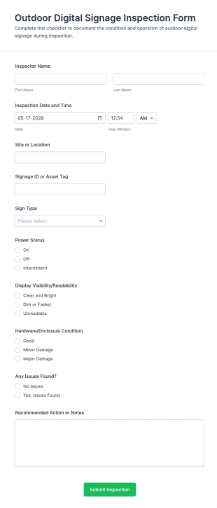 Outdoor Digital Signage Inspection Form Template