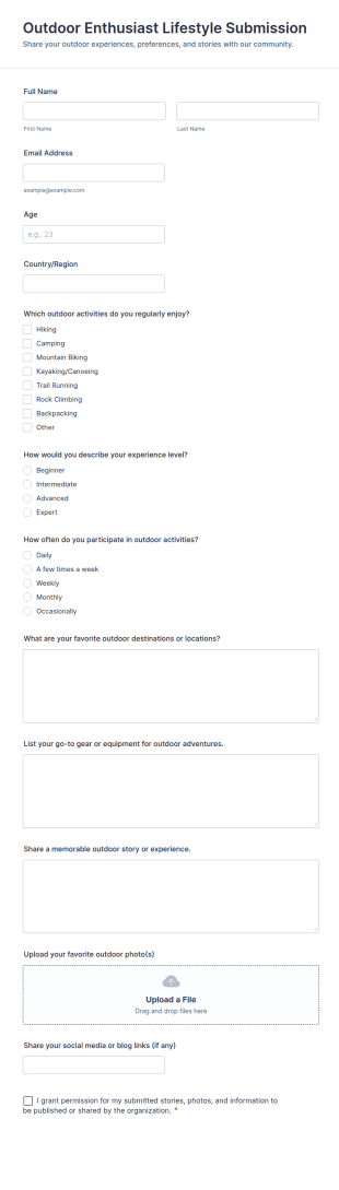 Outdoor Enthusiast Lifestyle Submission Form Template