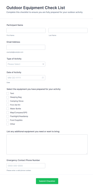 Outdoor Equipment Check List Form Template