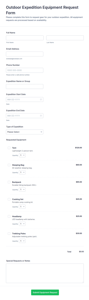 Outdoor Expedition Equipment Request Form Template