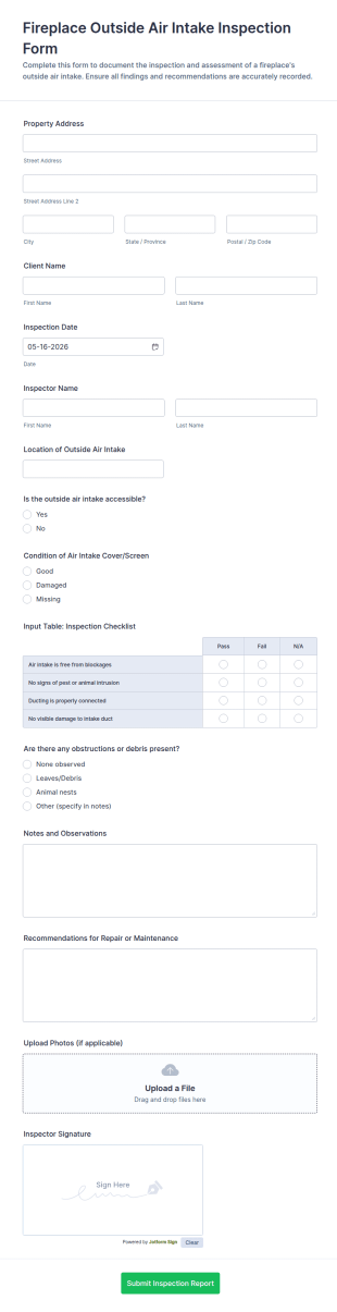Outdoor Fireplace Air Intake Inspection Form Template