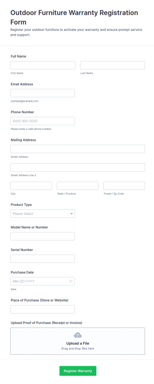 Outdoor Furniture Warranty Registration Form Template