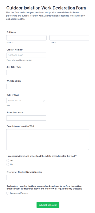 Outdoor Isolation Work Declaration Form Template