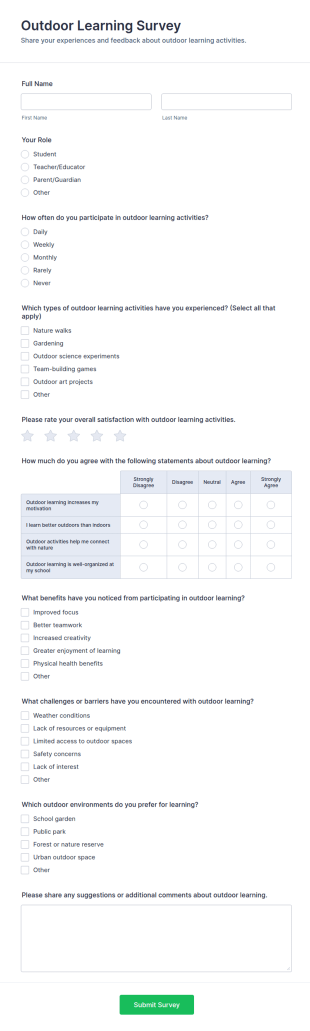 Outdoor Learning Survey Form Template