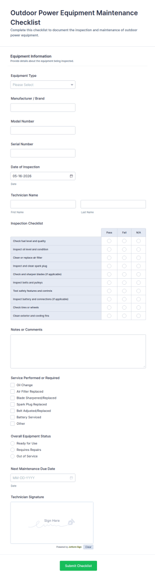 Outdoor Power Equipment Maintenance Checklist Form Template