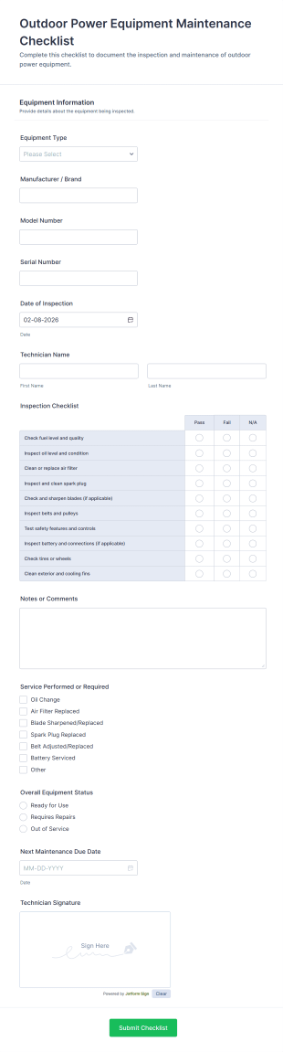 Outdoor Power Equipment Maintenance Checklist Form Template