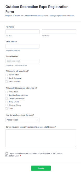 Outdoor Recreation Expo Registration Form Template