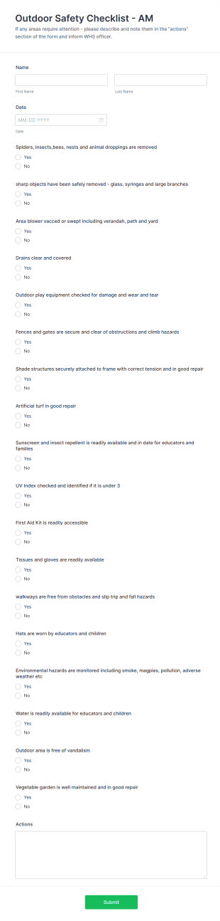 Outdoor Safety Checklist Form Template