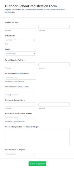 Outdoor School Registration Form Template
