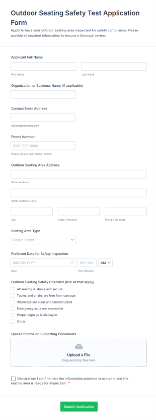 Outdoor Seating Safety Test Application Form Form Template