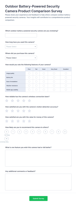 Outdoor Security Camera Product Comparison Survey Form Template