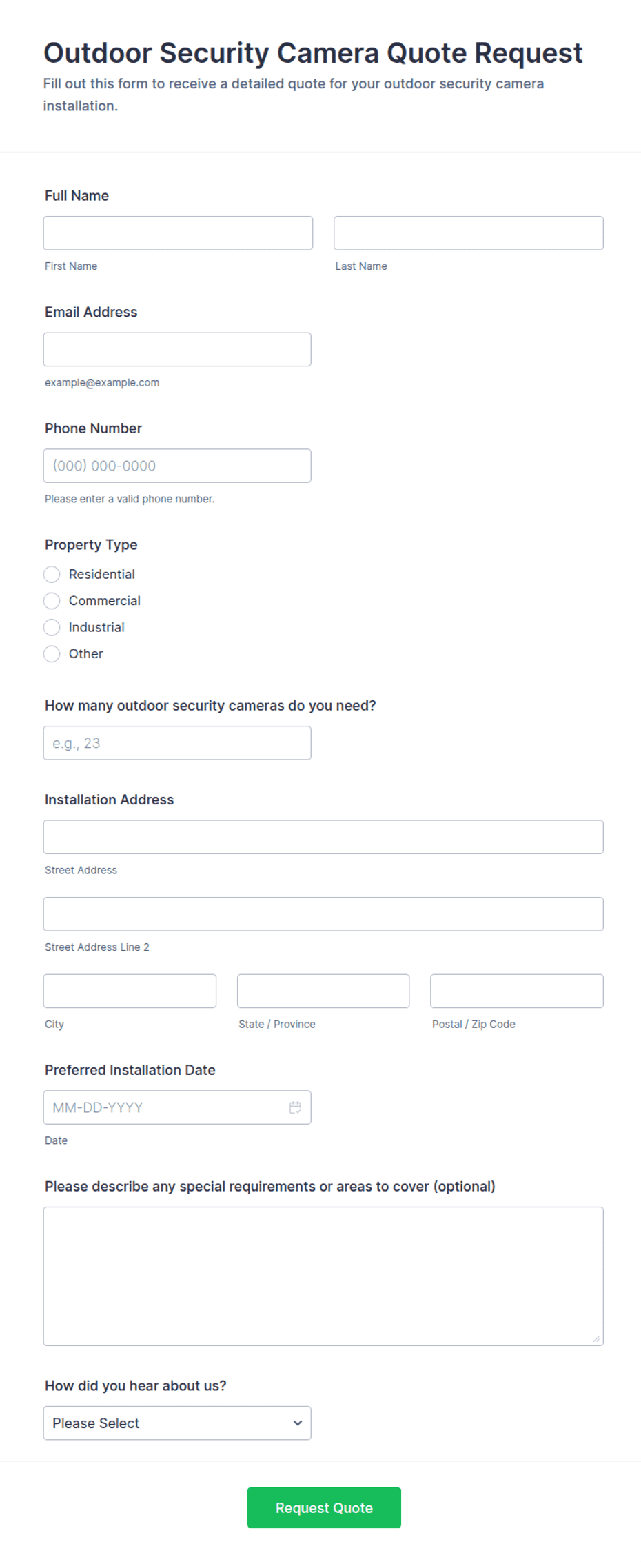 Security Camera Rfp Template Outdoor Security Camera Quote Request Form Template | Jotform