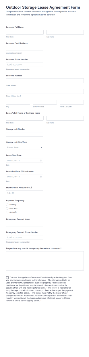 Outdoor Storage Lease Agreement Form Template