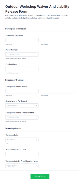 Outdoor Workshop Waiver And Liability Release Form Template