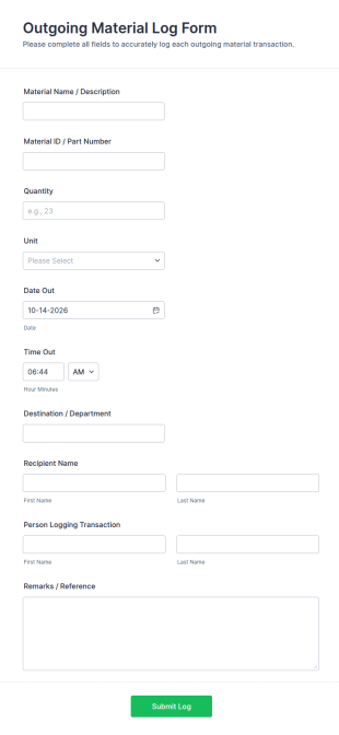 Outgoing Material Log Form Template