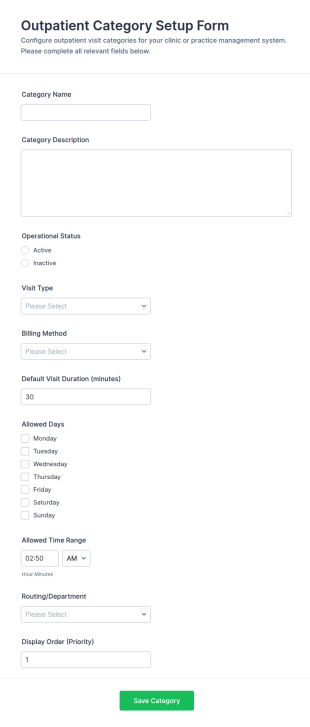Outpatient Category Setup Form Template