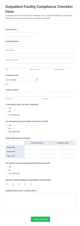 Outpatient Facility Compliance Checklist Form Template