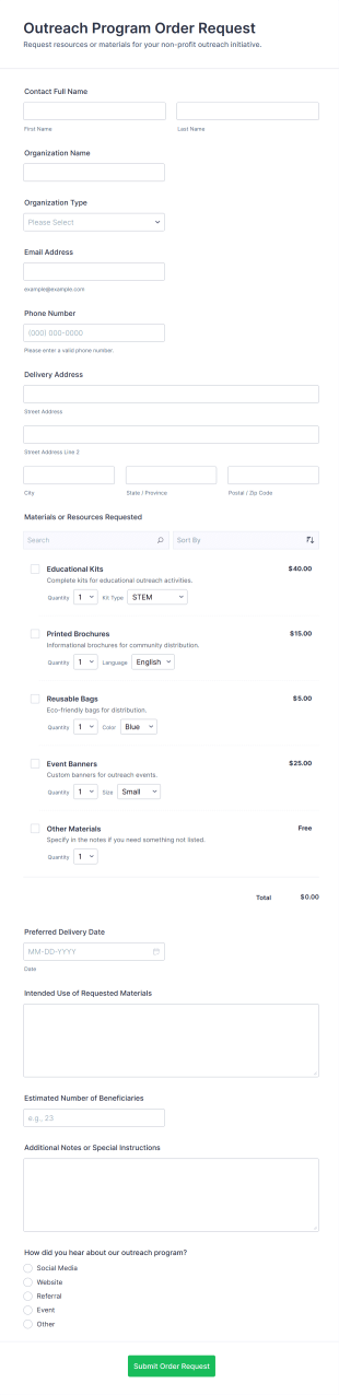 Outreach Program Order Request Form Template