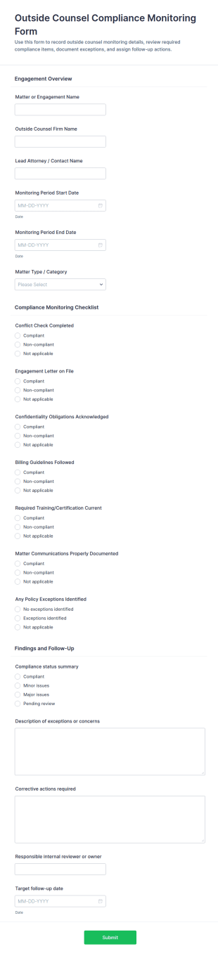 Outside Counsel Compliance Monitoring Checklist Form Template