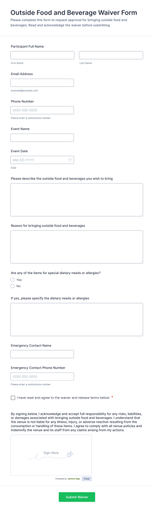 Outside Food And Beverage Waiver Form Template