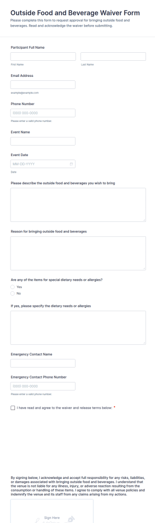 Outside Food And Beverage Waiver Form Template