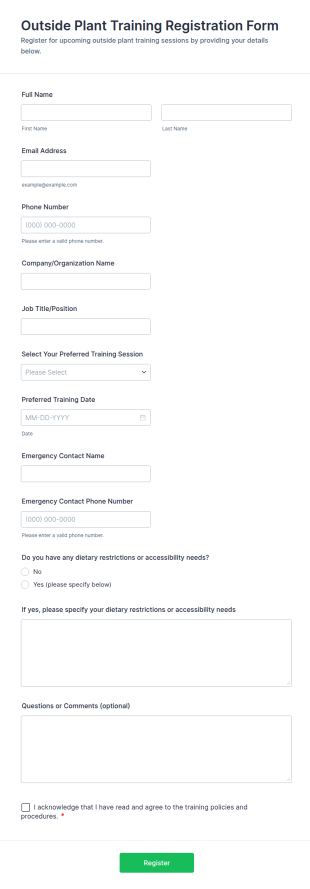 Outside Plant Training Registration Form Template