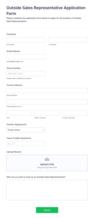 Outside Sales Representative Application Form Form Template