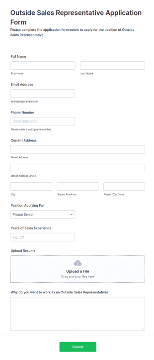 Outside Sales Representative Application Form Template