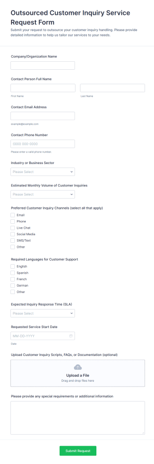 Outsourced Customer Inquiry Service Request Form Template