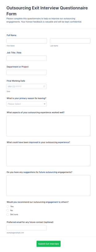 Outsourcing Exit Interview Questionnaire Form Template