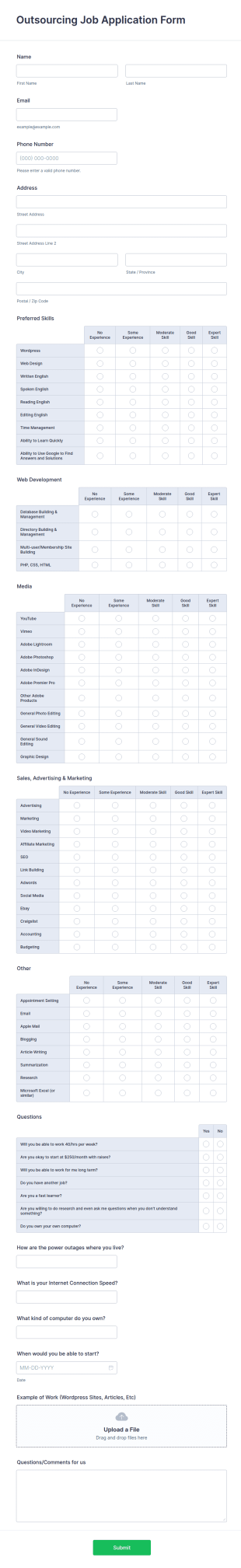Outsourcing Job Application Form Template