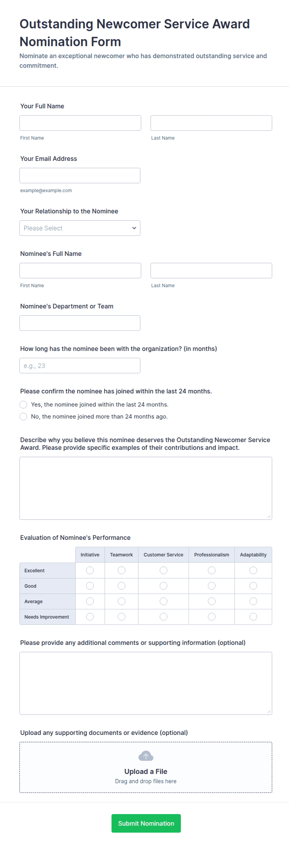 Outstanding Newcomer Service Award Nomination Form Template | Jotform