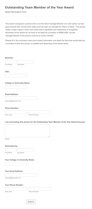 Outstanding Team Member Of The Year Selection Form Template