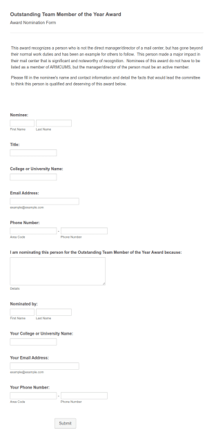 Outstanding Team Member Of The Year Selection Form Template