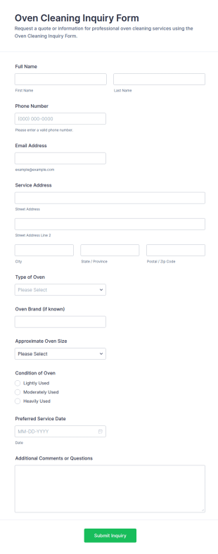 Oven Cleaning Inquiry Form Template