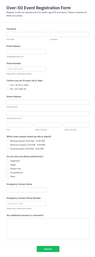 Over 50 Event Registration Form Template