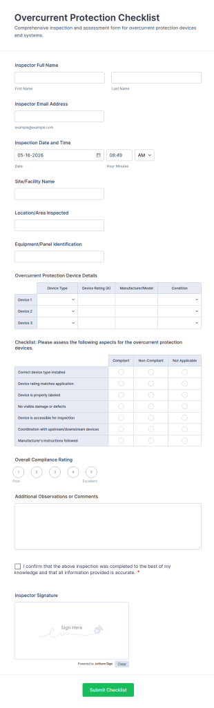 Overcurrent Protection Checklist Form Template