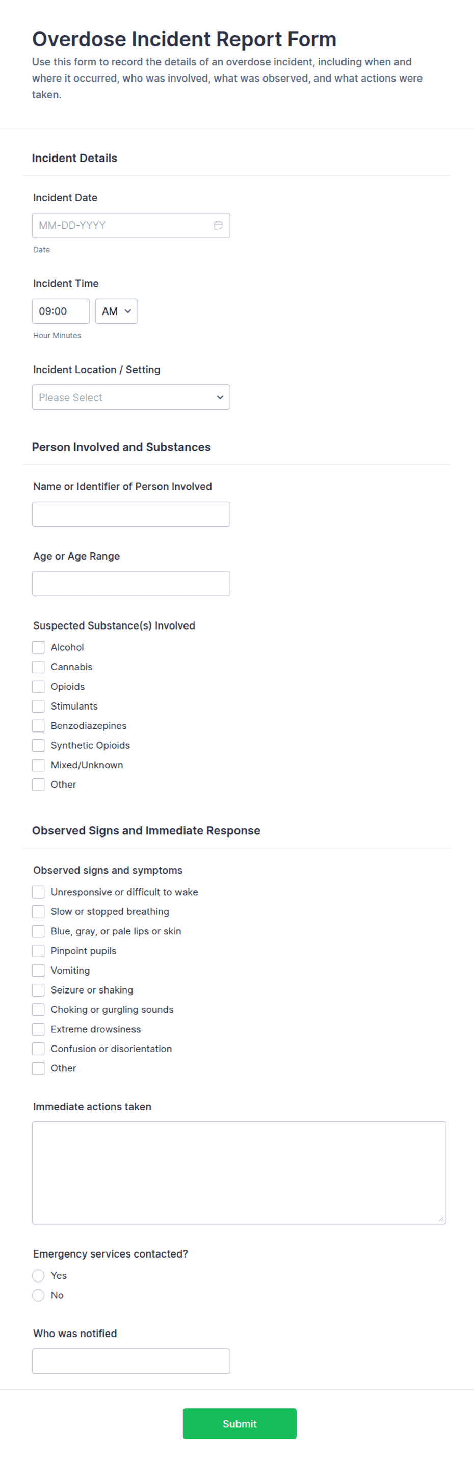 Overdose Incident Report Form Template | Jotform